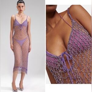 Self-Portrait amethyst purple beaded midi fishnet dress cover-up NWT